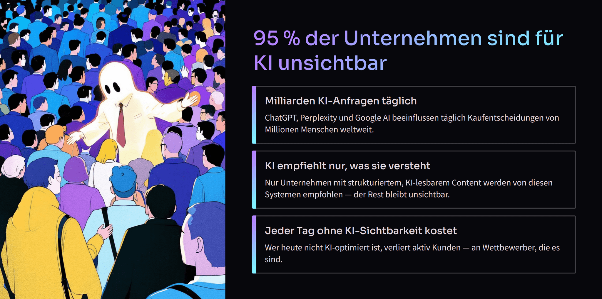 95% der Unternehmen sind für KI unsichtbar — Illustration eines Geistes in einer Menschenmenge